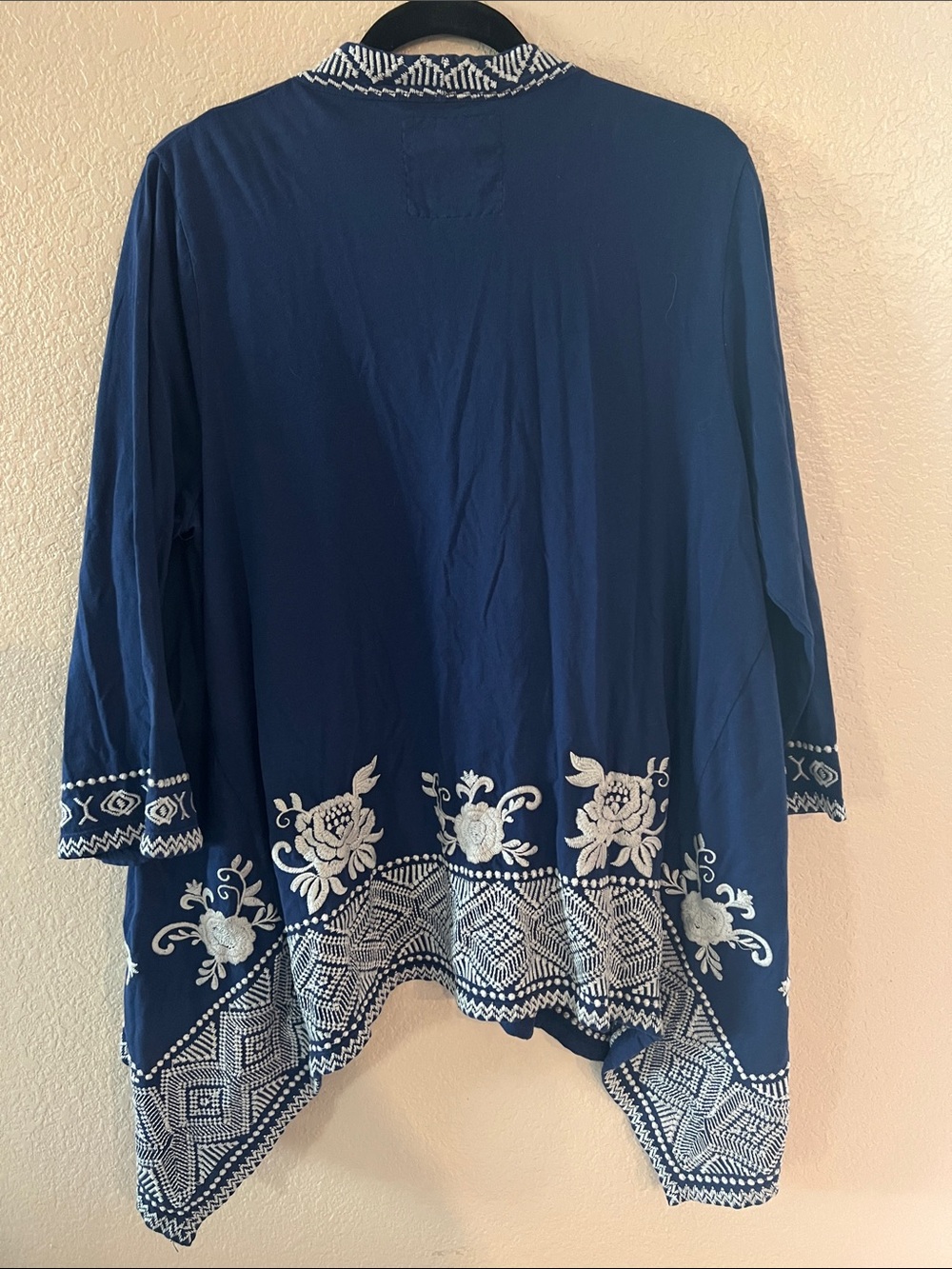 Johnny Was Navy Open-Front Embroidered Cardigan with White Trim - Picture 4 of 7